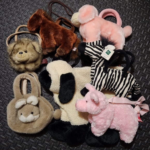 Plush Animal Purse/Bag Lot Horse Pig Bear Rabbit Lamb Zebra Dog - Picture 1 of 8